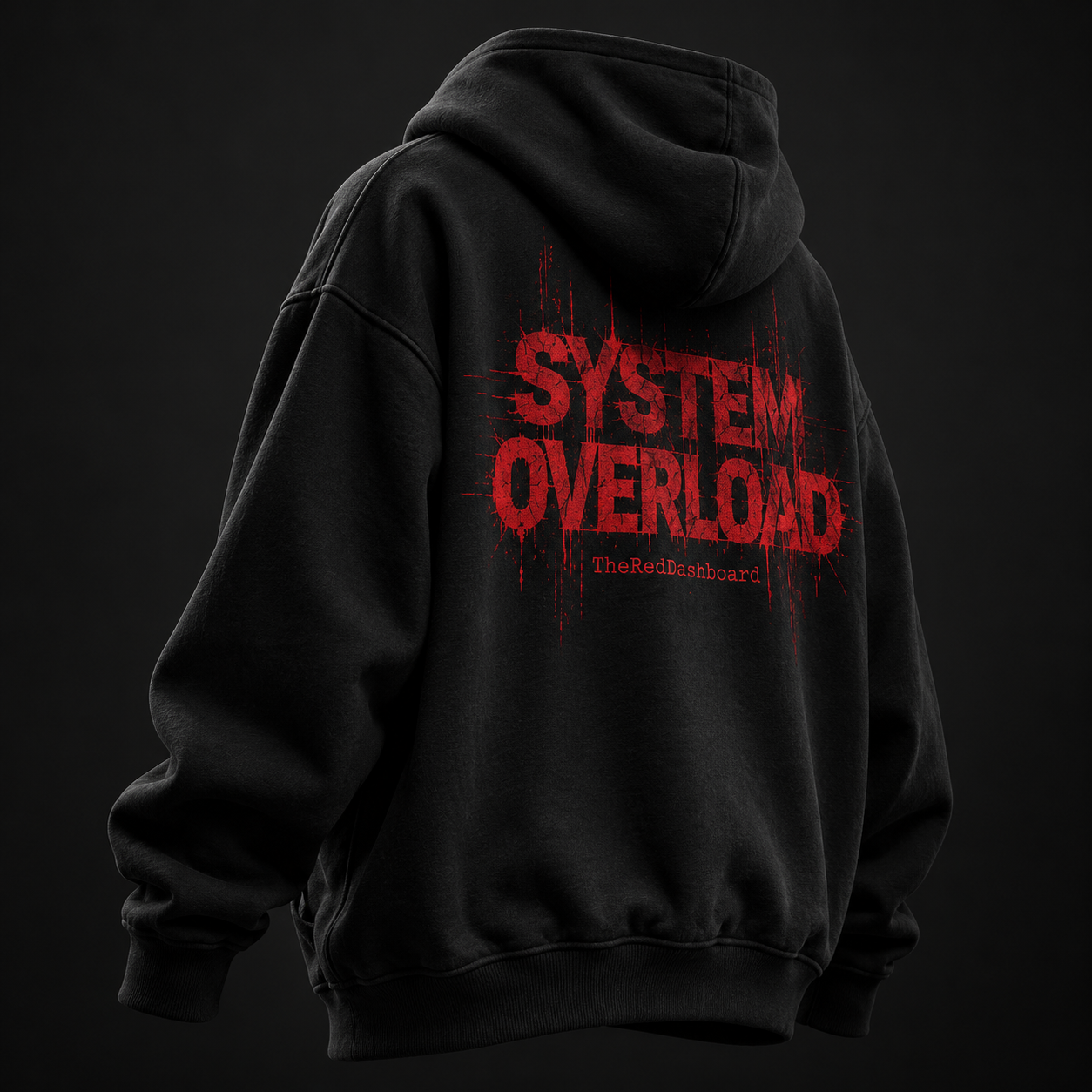 Концепт чёрного худи с красной надписью System Overload на спине